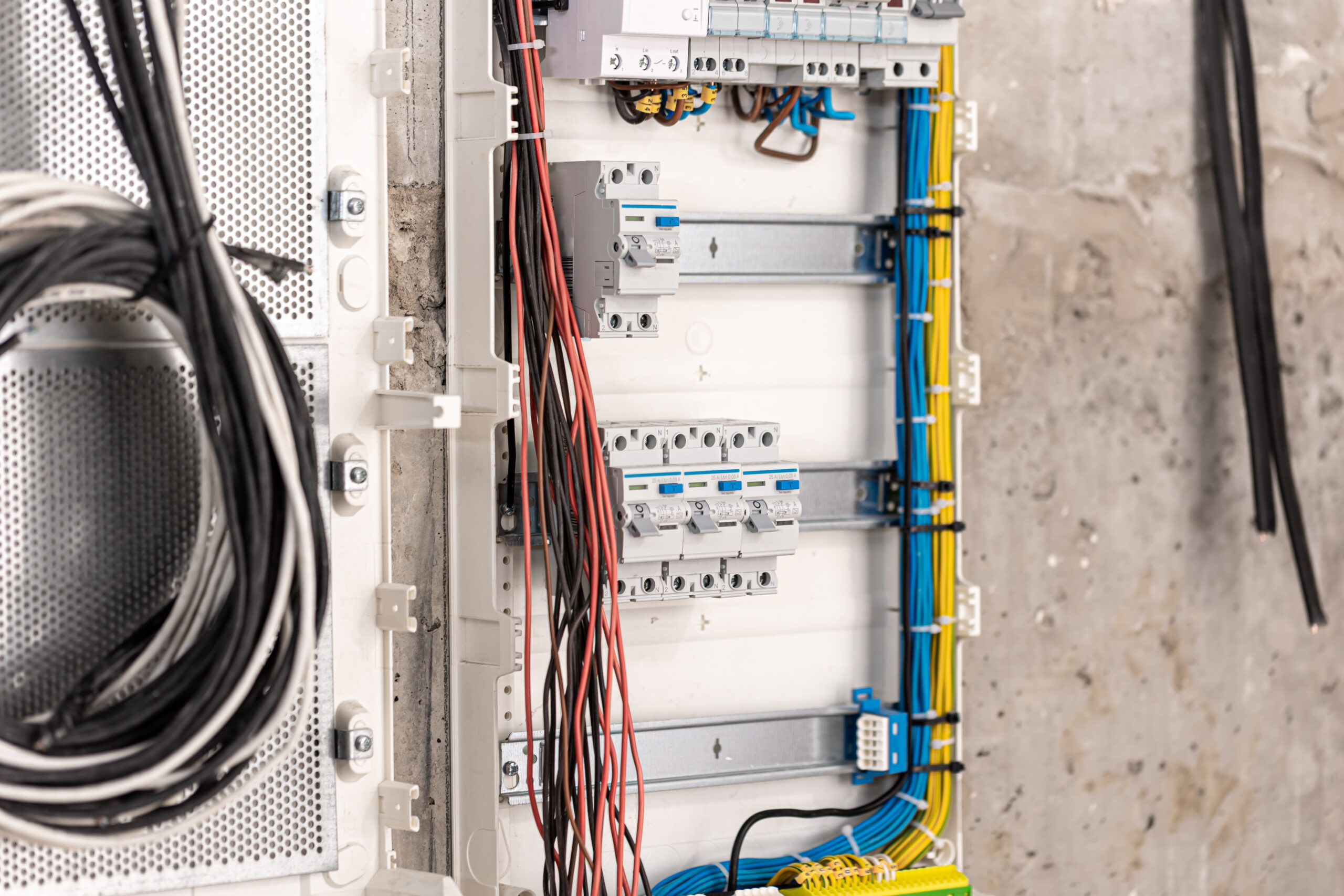 Voltage switchboard with circuit breakers are in the ON and OF positions in the big electric box for electrical distribution panel and temporary electric cables are switched. Electrical background.